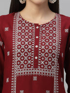 Juniper Maroon Rayon Festive Placement Print Straight Kurta For Women | Grocsy