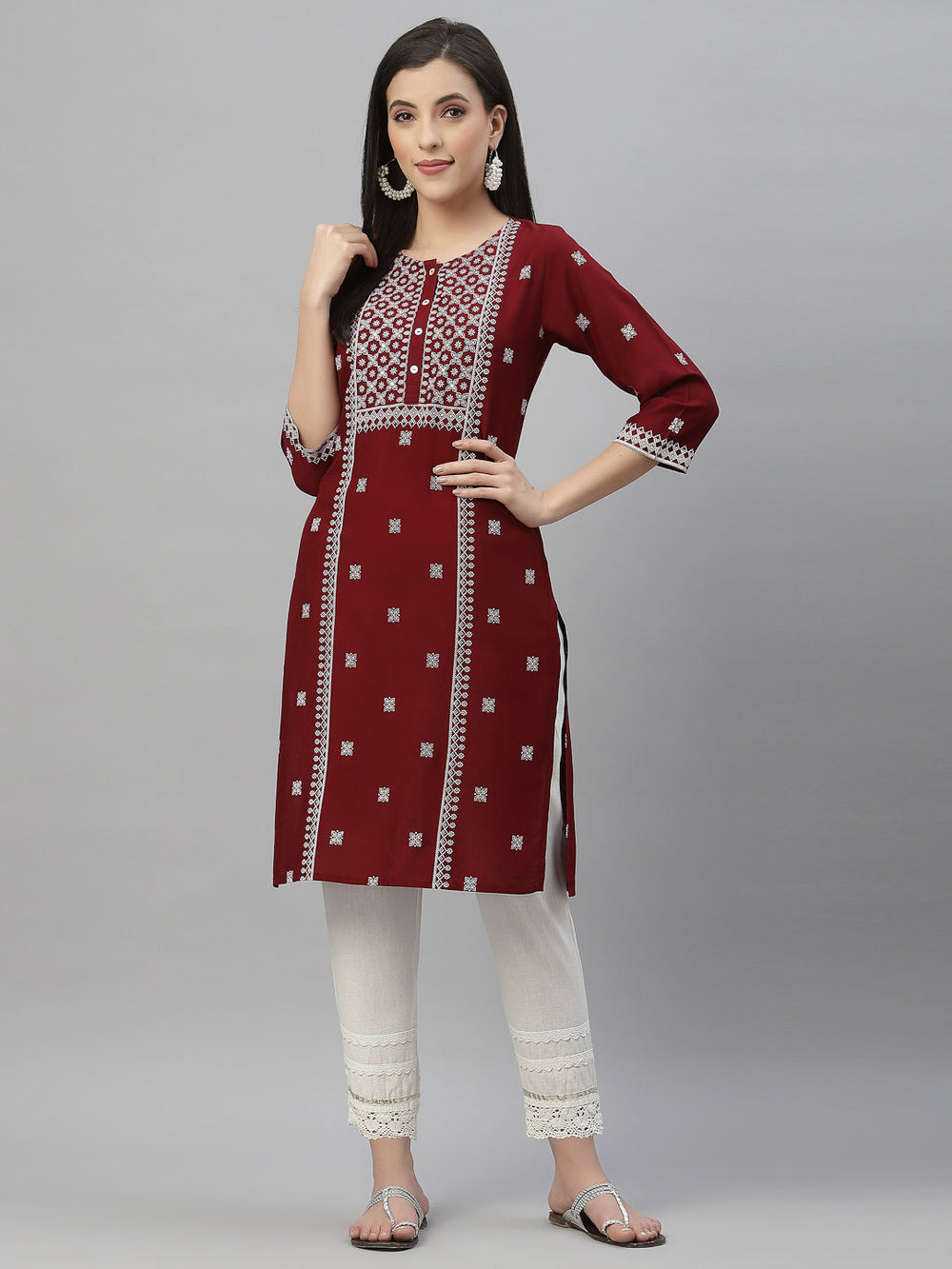Juniper Maroon Rayon Festive Placement Print Straight Kurta For Women | Grocsy