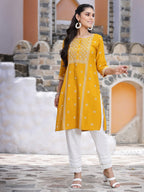 Juniper Women's Mustard Rayon Placement Print Straight Kurta | Grocsy