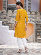 Juniper Women's Mustard Rayon Placement Print Straight Kurta | Grocsy