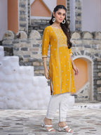 Juniper Women's Mustard Rayon Placement Print Straight Kurta | Grocsy