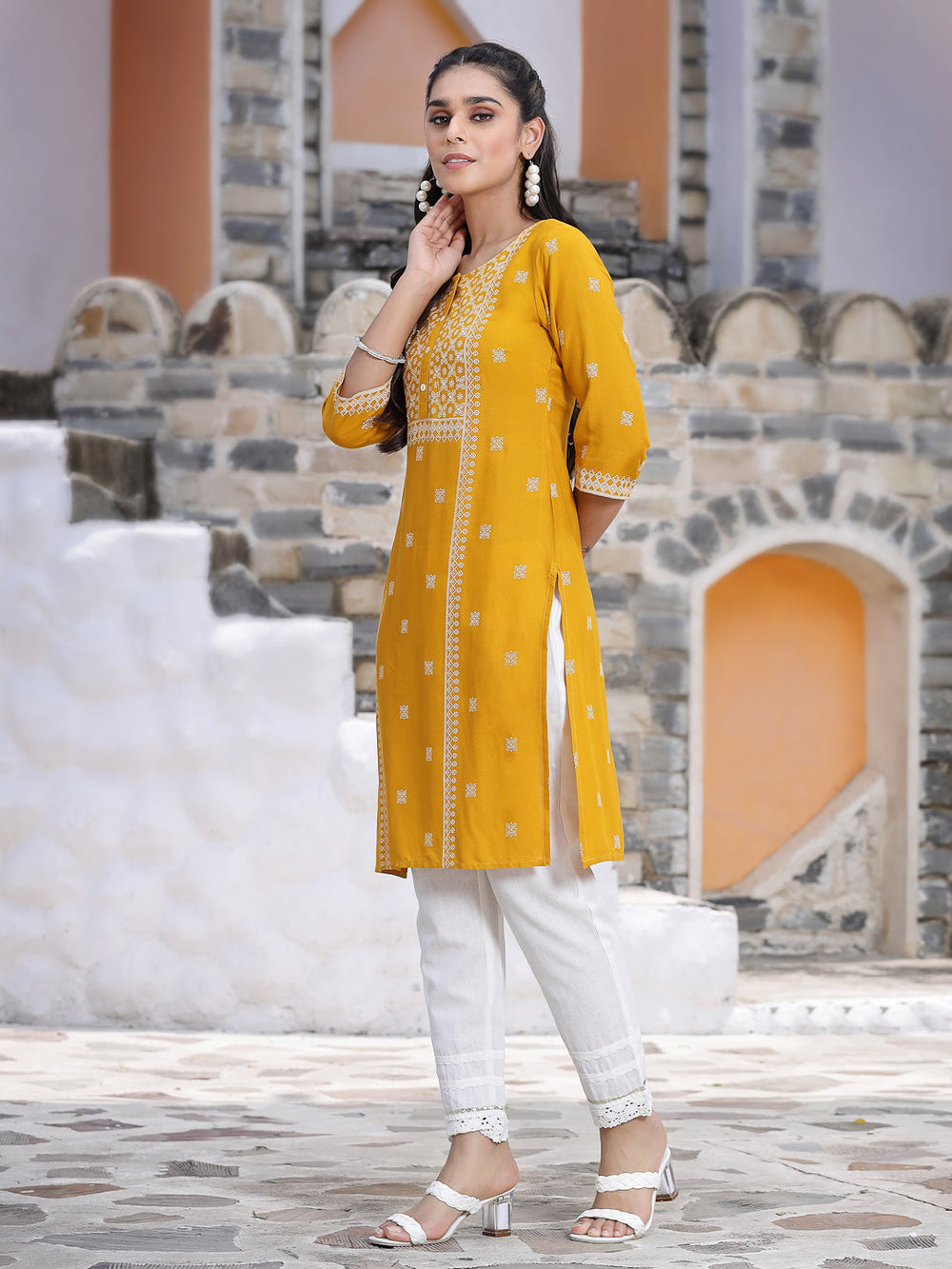Juniper Women's Mustard Rayon Placement Print Straight Kurta | Grocsy