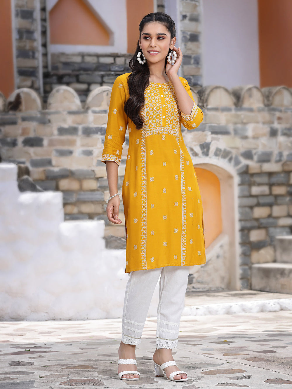 Juniper Women's Mustard Rayon Placement Print Straight Kurta | Grocsy