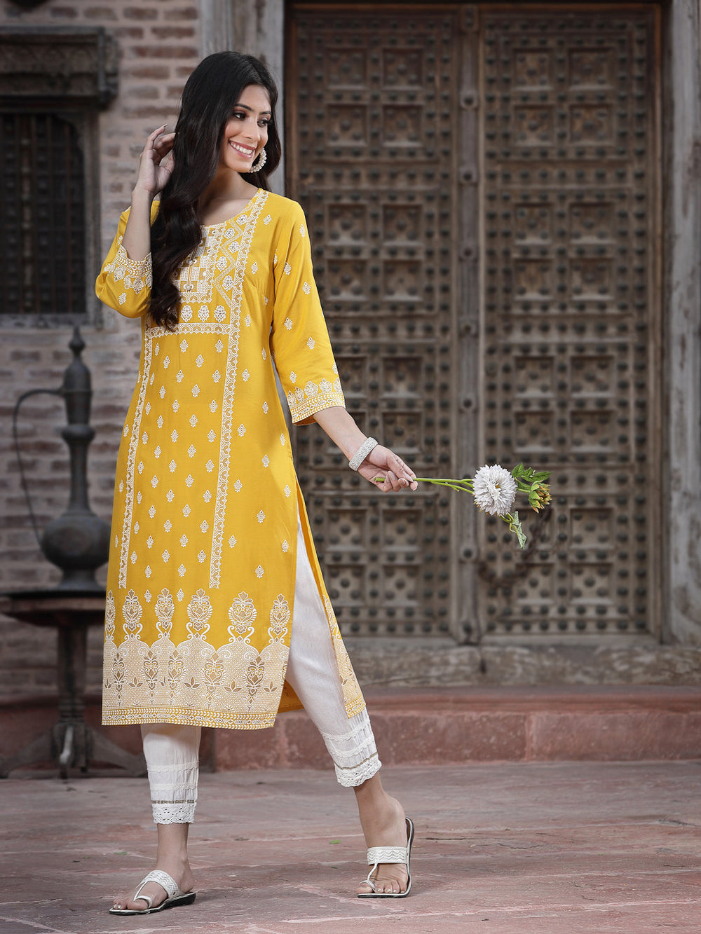 Juniper Women's Mustard Rayon Printed Straight Kurta | Grocsy