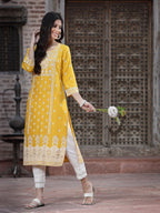 Juniper Women's Mustard Rayon Printed Straight Kurta | Grocsy