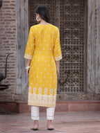 Juniper Women's Mustard Rayon Printed Straight Kurta | Grocsy