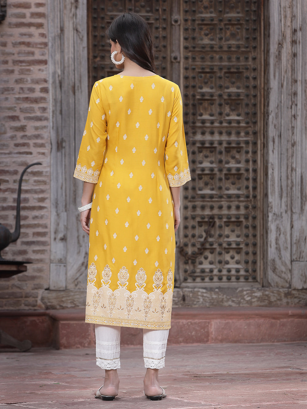 Juniper Women's Mustard Rayon Printed Straight Kurta | Grocsy