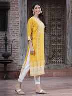 Juniper Women's Mustard Rayon Printed Straight Kurta | Grocsy
