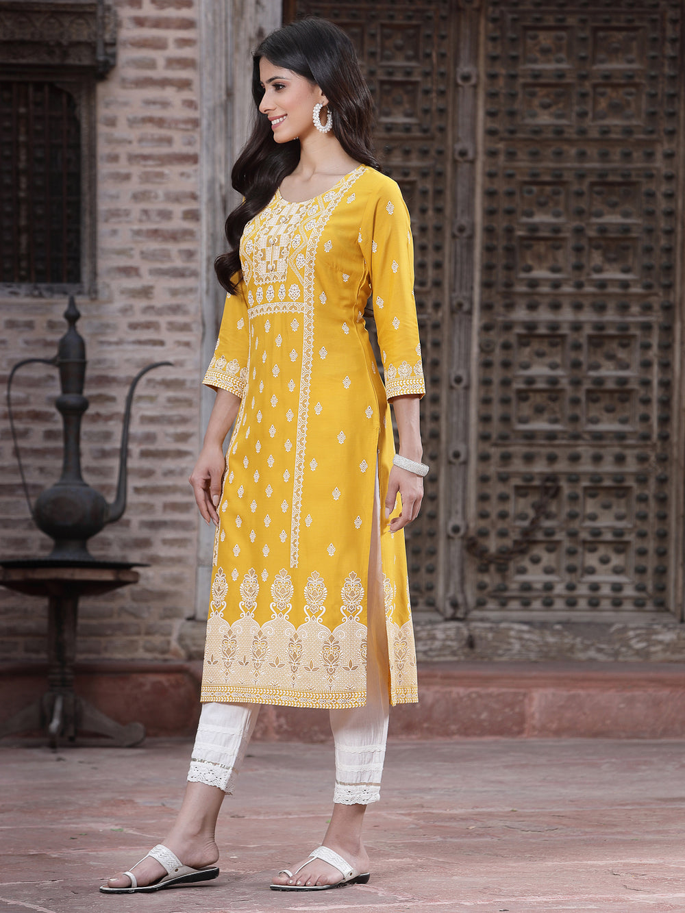 Juniper Women's Mustard Rayon Printed Straight Kurta | Grocsy