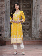 Juniper Women's Mustard Rayon Printed Straight Kurta | Grocsy