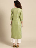 Sangria Women Olive Green Floral Yoke Design Thread Work Pastels Kurta | Grocsy