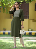 Juniper Green Rayon Festive Embroidered Straight Kurta For Women | Grocsy