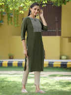 Juniper Green Rayon Festive Embroidered Straight Kurta For Women | Grocsy