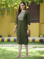 Juniper Green Rayon Festive Embroidered Straight Kurta For Women | Grocsy