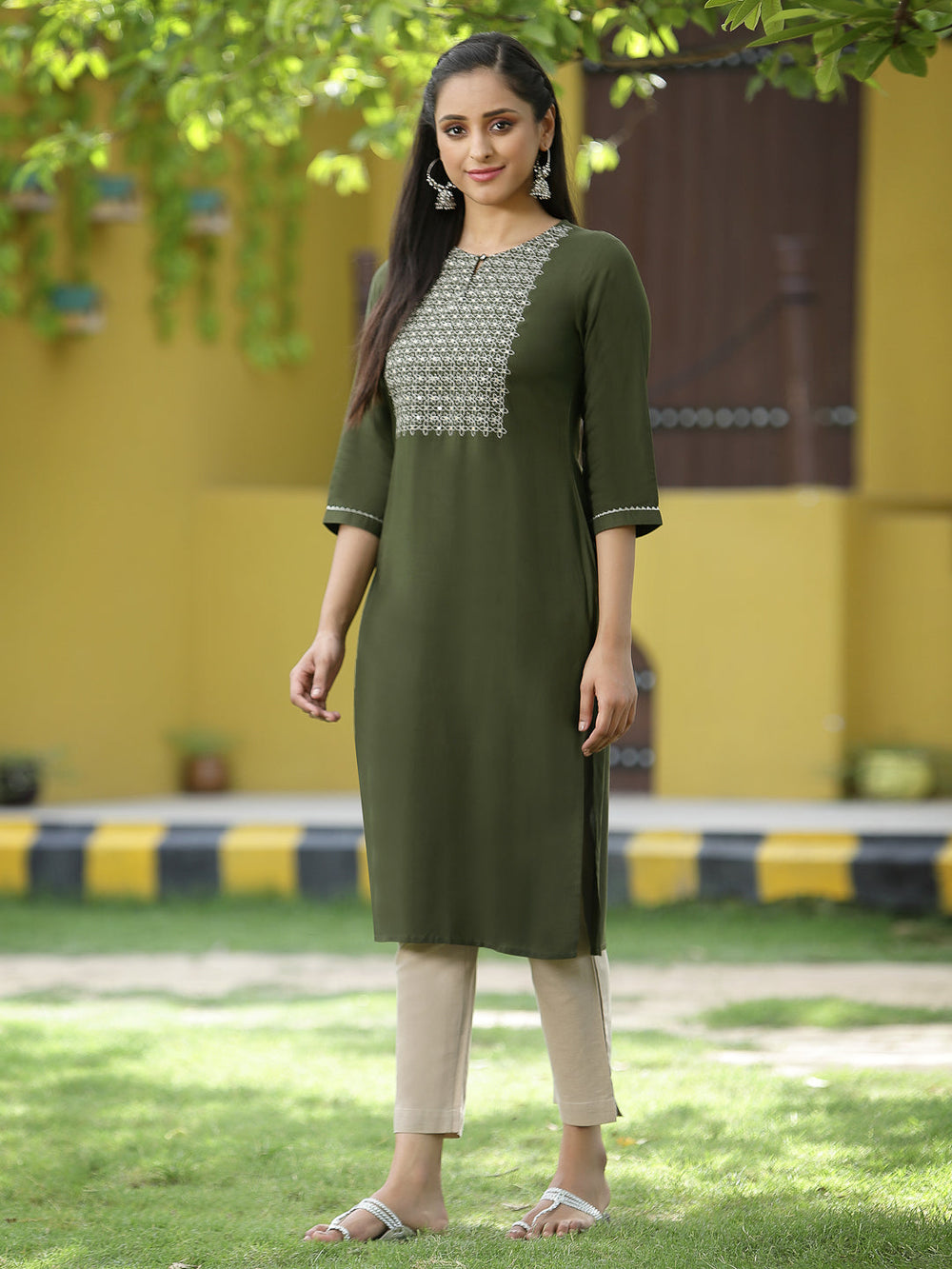 Juniper Green Rayon Festive Embroidered Straight Kurta For Women | Grocsy