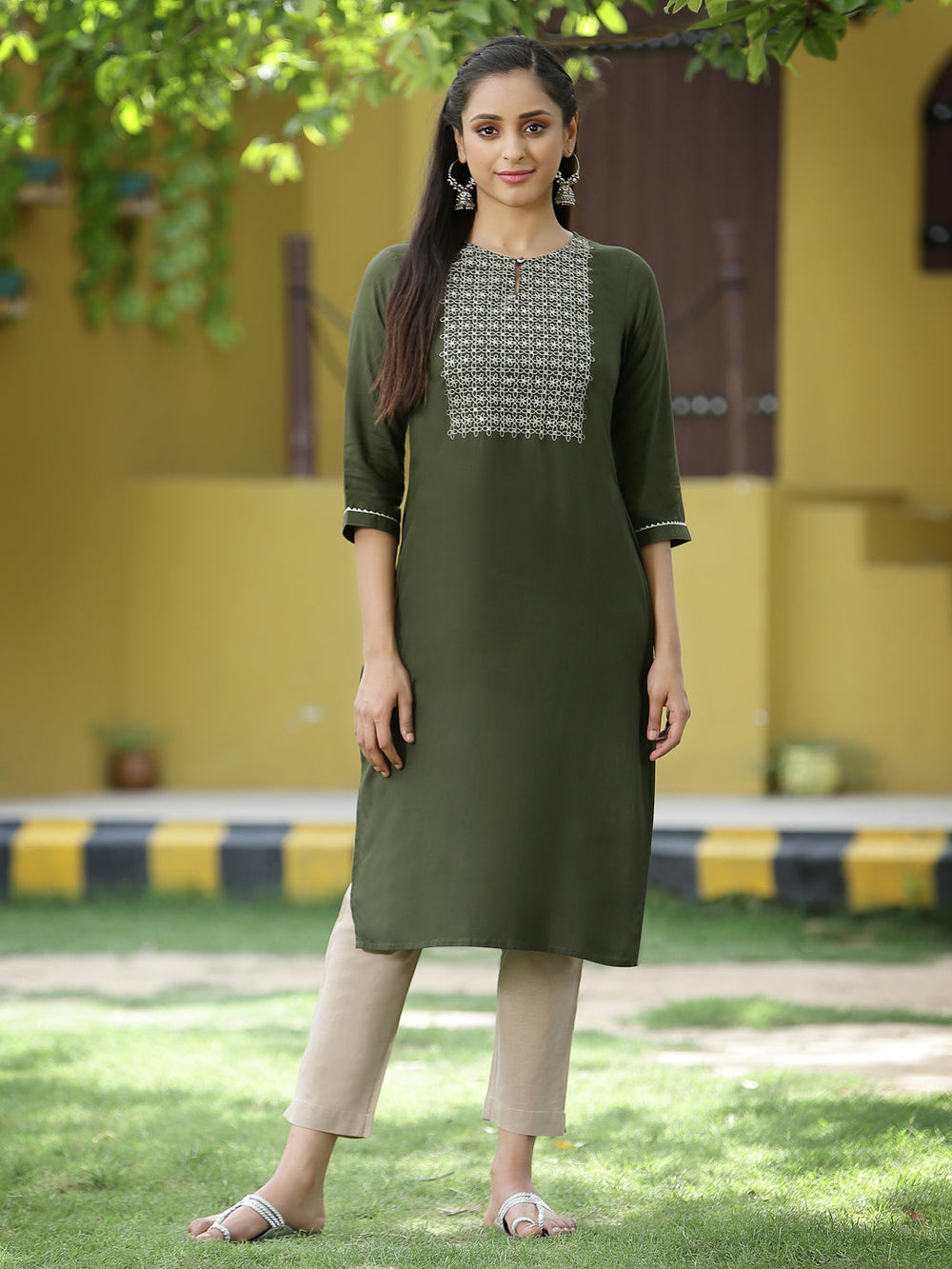 Juniper Green Rayon Festive Embroidered Straight Kurta For Women | Grocsy