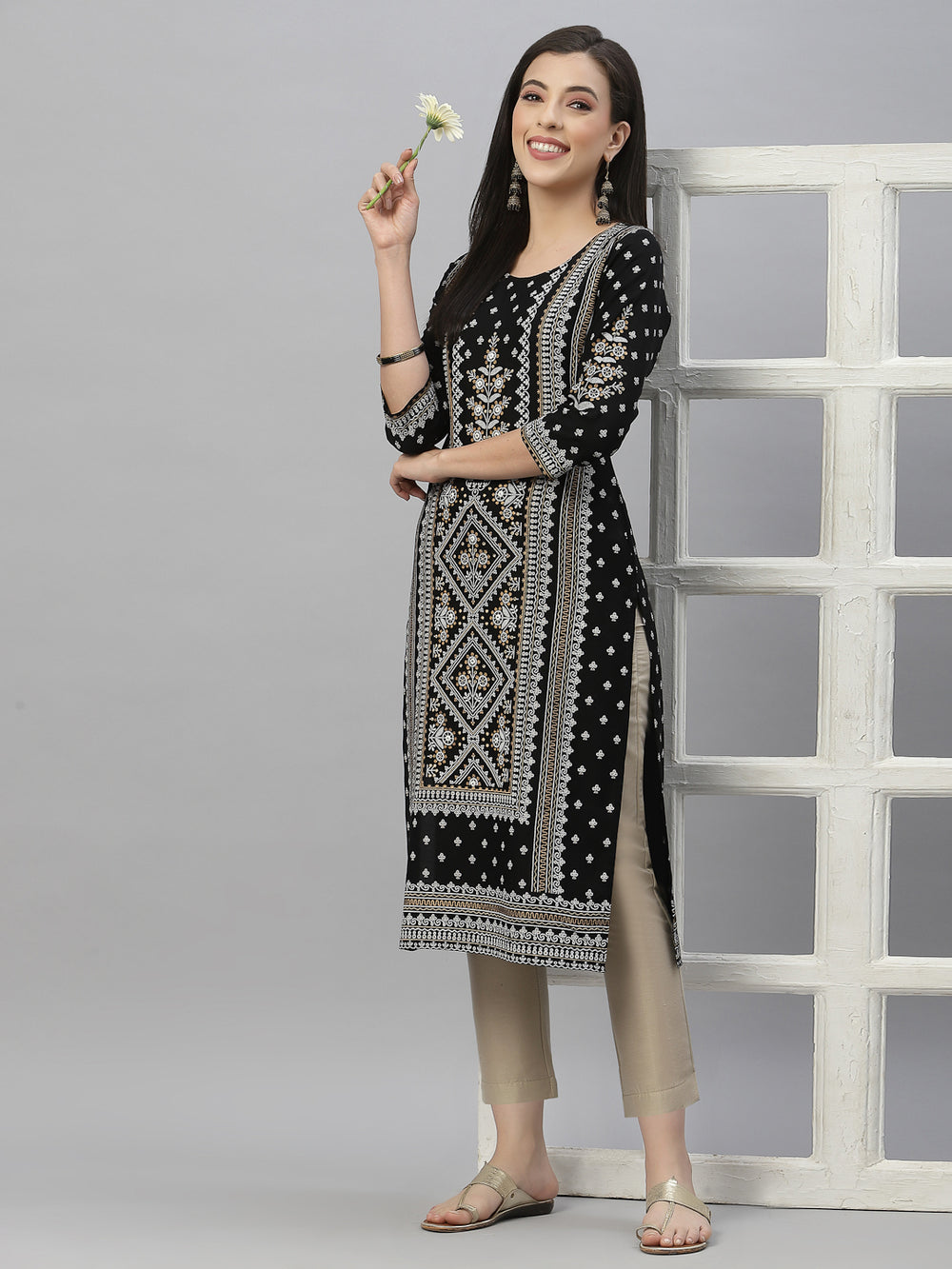 Juniper Black Rayon Festive Placement Print Straight Kurta For Women | Grocsy
