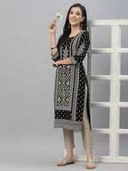 Juniper Black Rayon Festive Placement Print Straight Kurta For Women | Grocsy