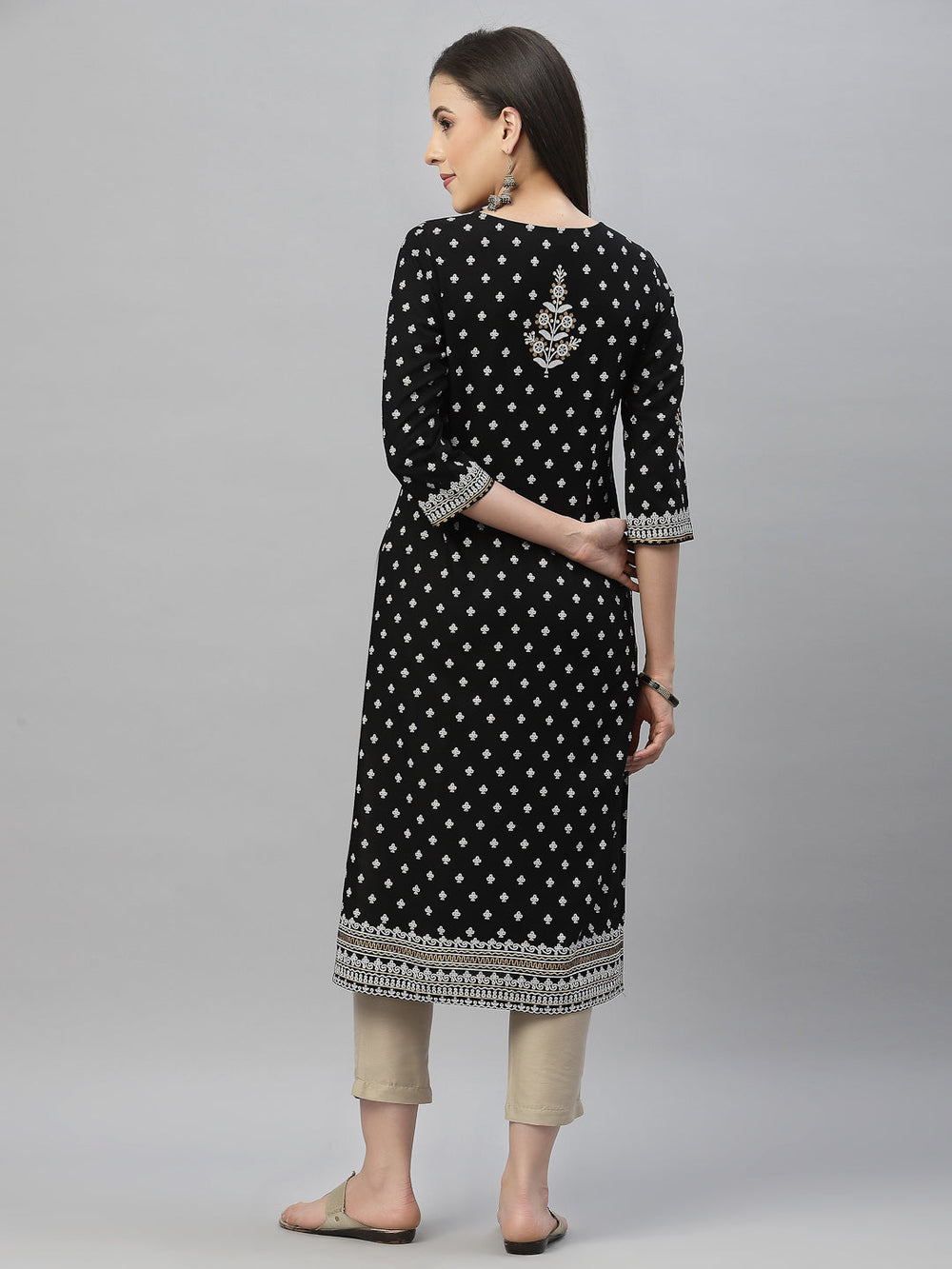 Juniper Black Rayon Festive Placement Print Straight Kurta For Women | Grocsy