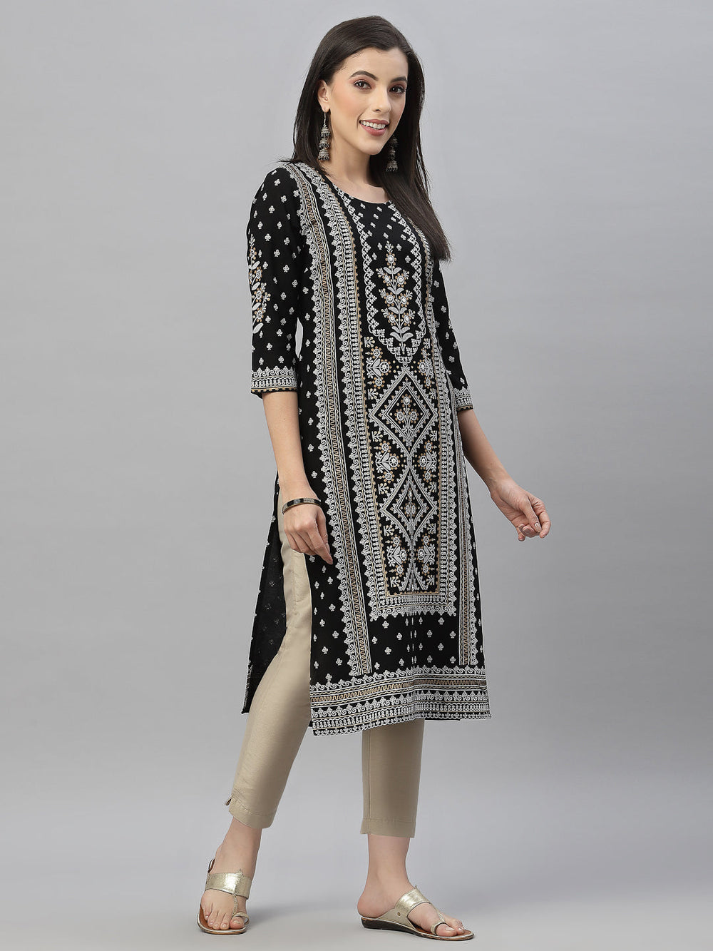 Juniper Black Rayon Festive Placement Print Straight Kurta For Women | Grocsy