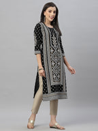 Juniper Black Rayon Festive Placement Print Straight Kurta For Women | Grocsy