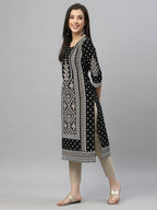 Juniper Black Rayon Festive Placement Print Straight Kurta For Women | Grocsy