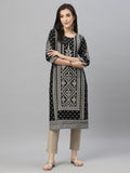 Juniper Black Rayon Festive Placement Print Straight Kurta For Women | Grocsy