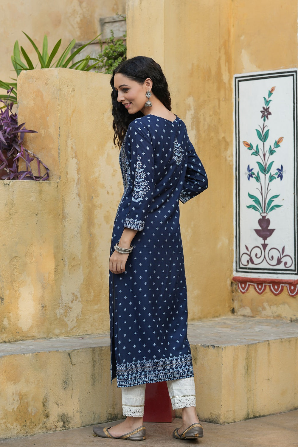 Juniper Indigo Rayon Festive Placement Print Straight Kurta For Women | Grocsy
