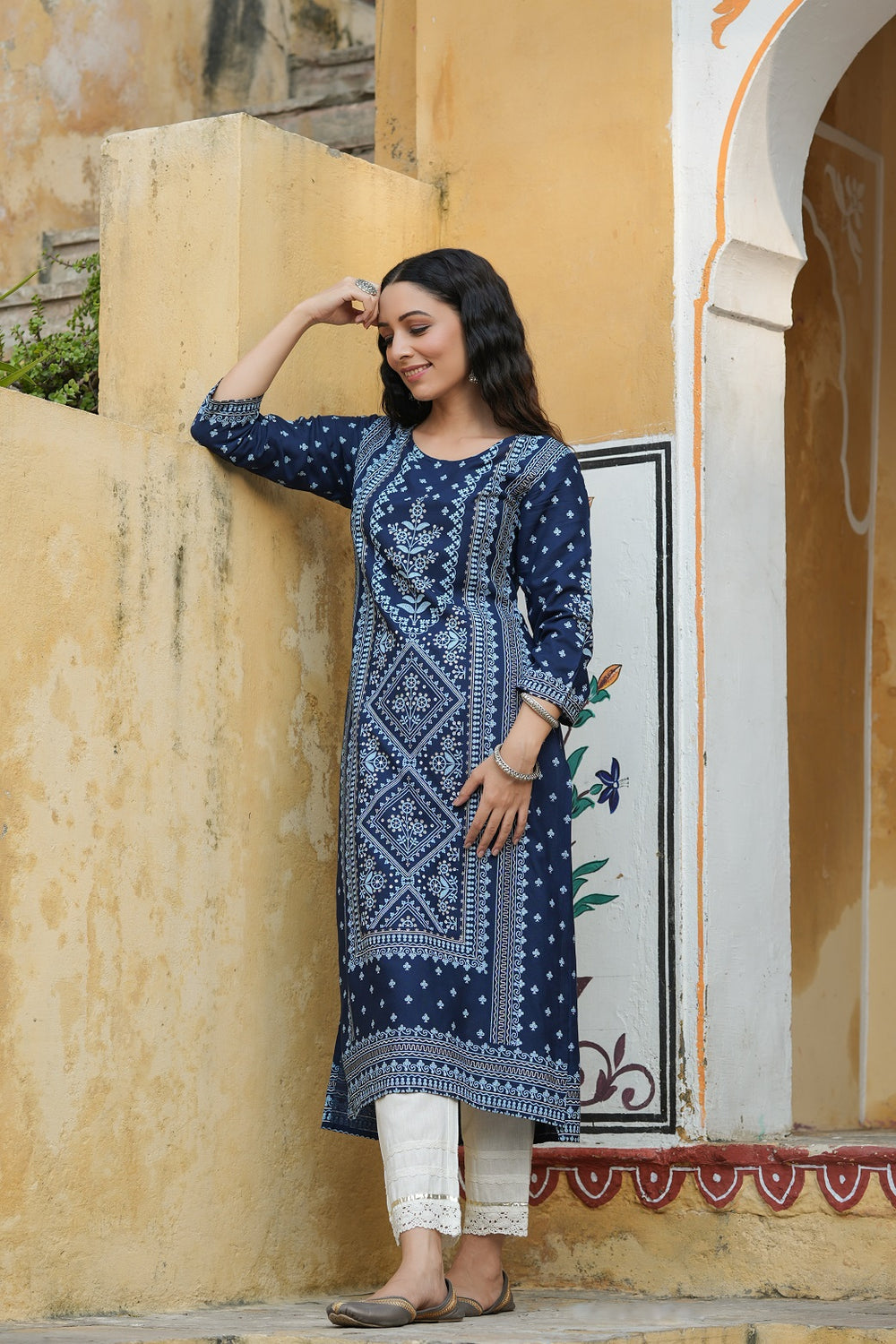 Juniper Indigo Rayon Festive Placement Print Straight Kurta For Women | Grocsy