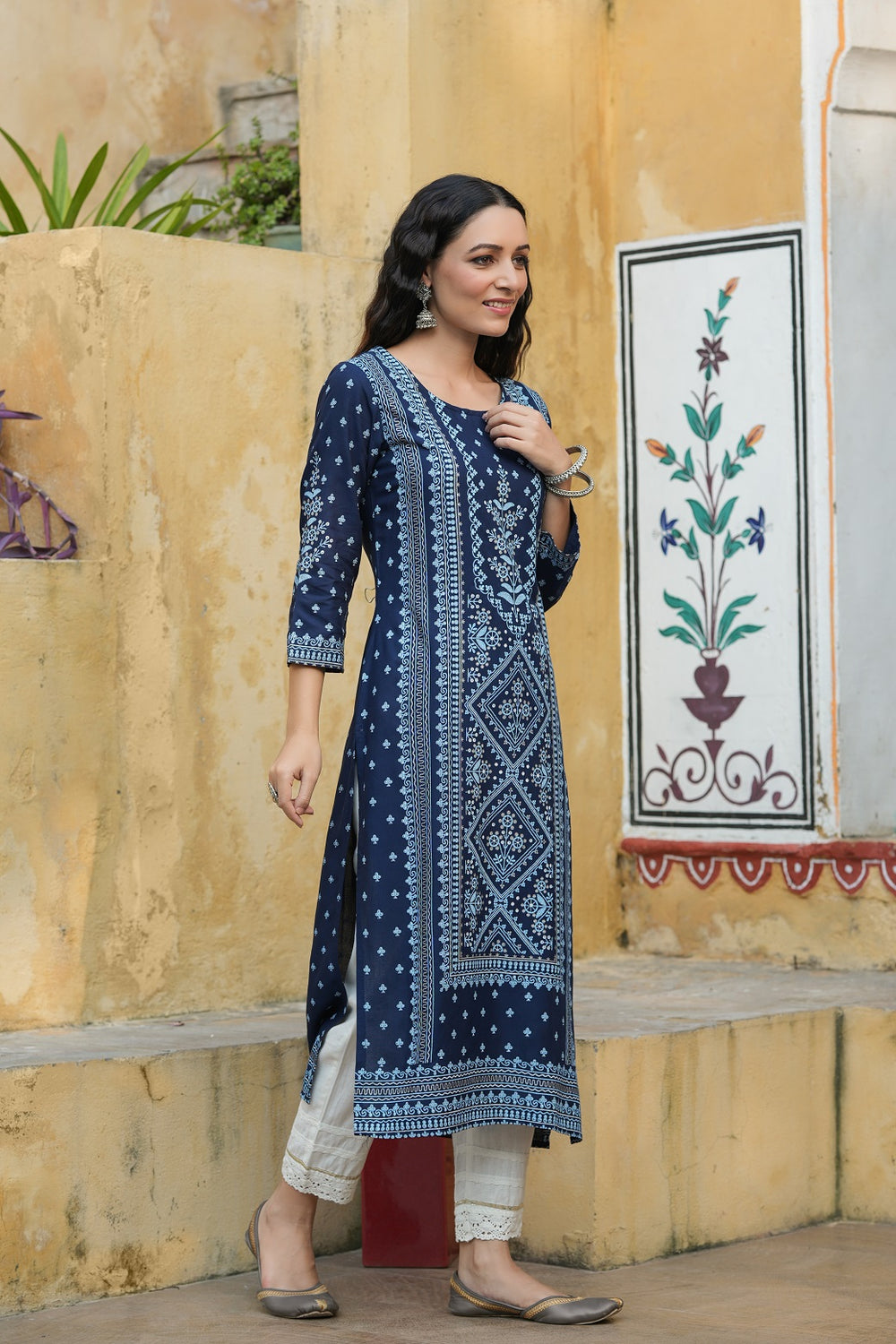 Juniper Indigo Rayon Festive Placement Print Straight Kurta For Women | Grocsy