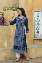 Juniper Indigo Rayon Festive Placement Print Straight Kurta For Women | Grocsy