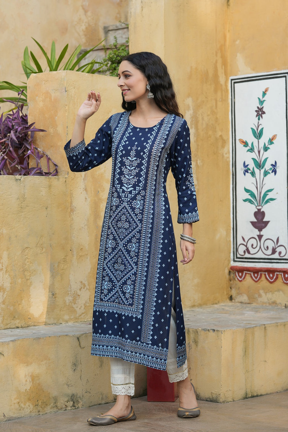 Juniper Indigo Rayon Festive Placement Print Straight Kurta For Women | Grocsy