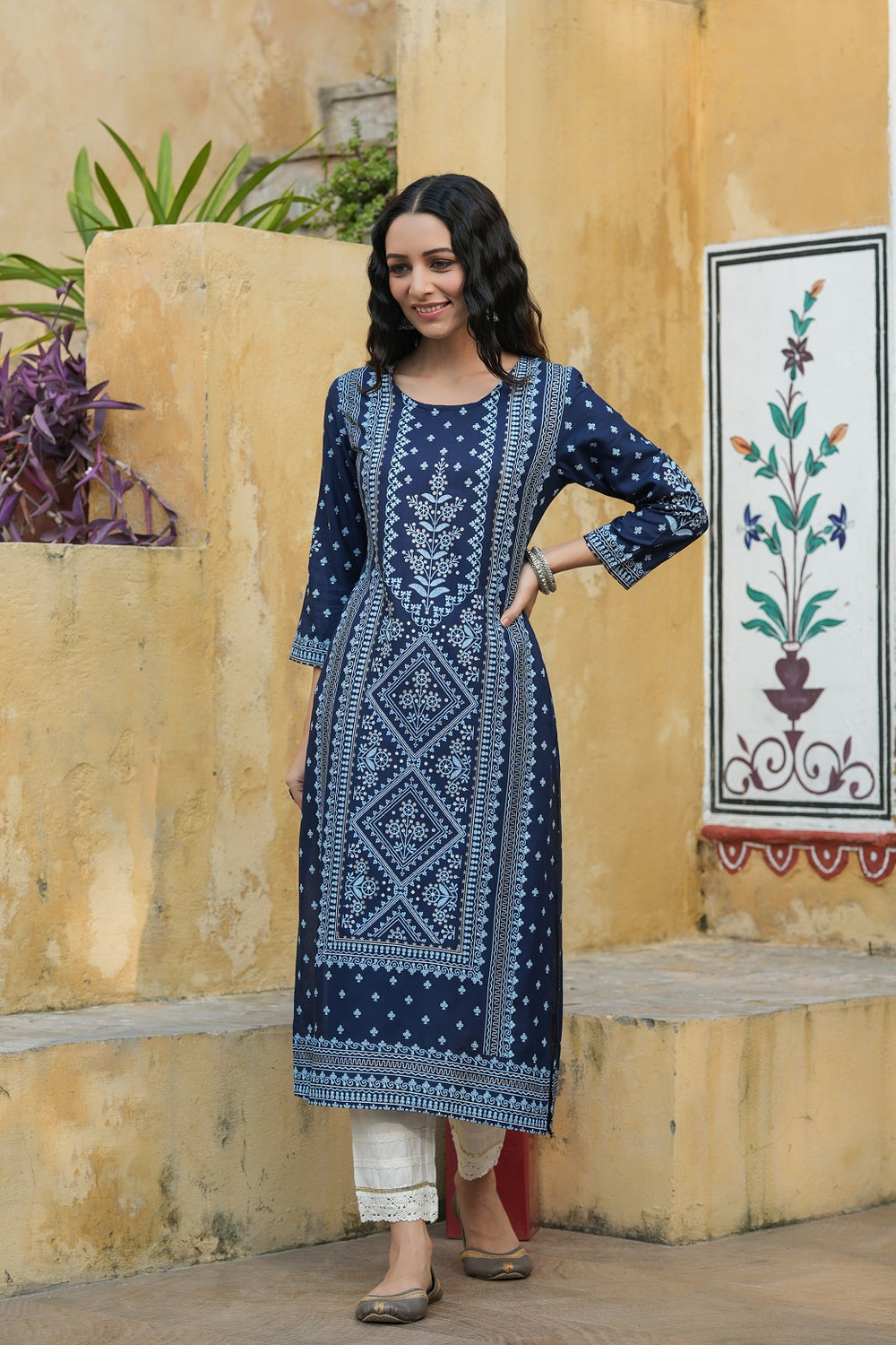 Juniper Indigo Rayon Festive Placement Print Straight Kurta For Women | Grocsy