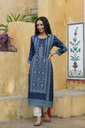 Juniper Indigo Rayon Festive Placement Print Straight Kurta For Women | Grocsy