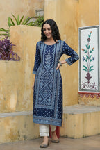 Juniper Indigo Rayon Festive Placement Print Straight Kurta For Women | Grocsy