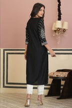 Juniper Women's Black Rayon Staple Straight Placement Print Kurta | Grocsy