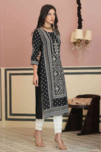 Juniper Women's Black Rayon Staple Straight Placement Print Kurta | Grocsy