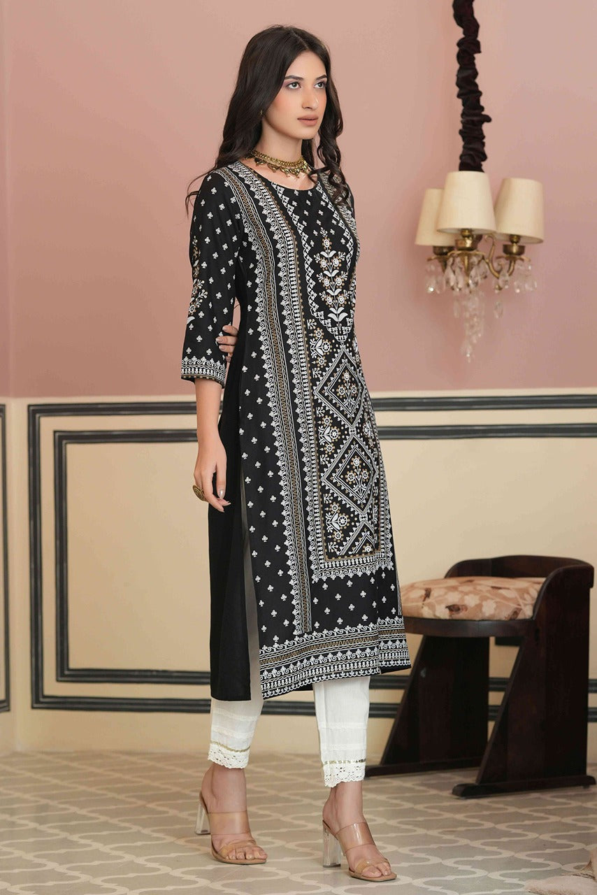 Juniper Women's Black Rayon Staple Straight Placement Print Kurta | Grocsy