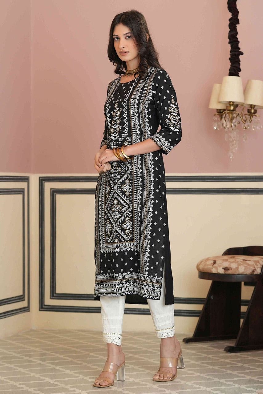 Juniper Women's Black Rayon Staple Straight Placement Print Kurta | Grocsy