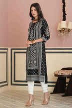 Juniper Women's Black Rayon Staple Straight Placement Print Kurta | Grocsy