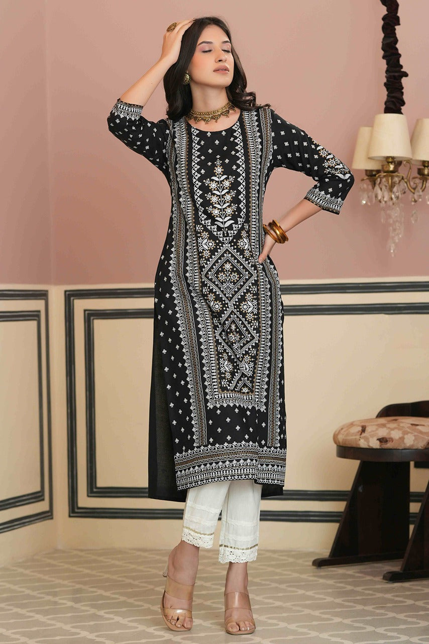 Juniper Women's Black Rayon Staple Straight Placement Print Kurta | Grocsy