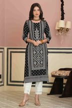 Juniper Women's Black Rayon Staple Straight Placement Print Kurta | Grocsy
