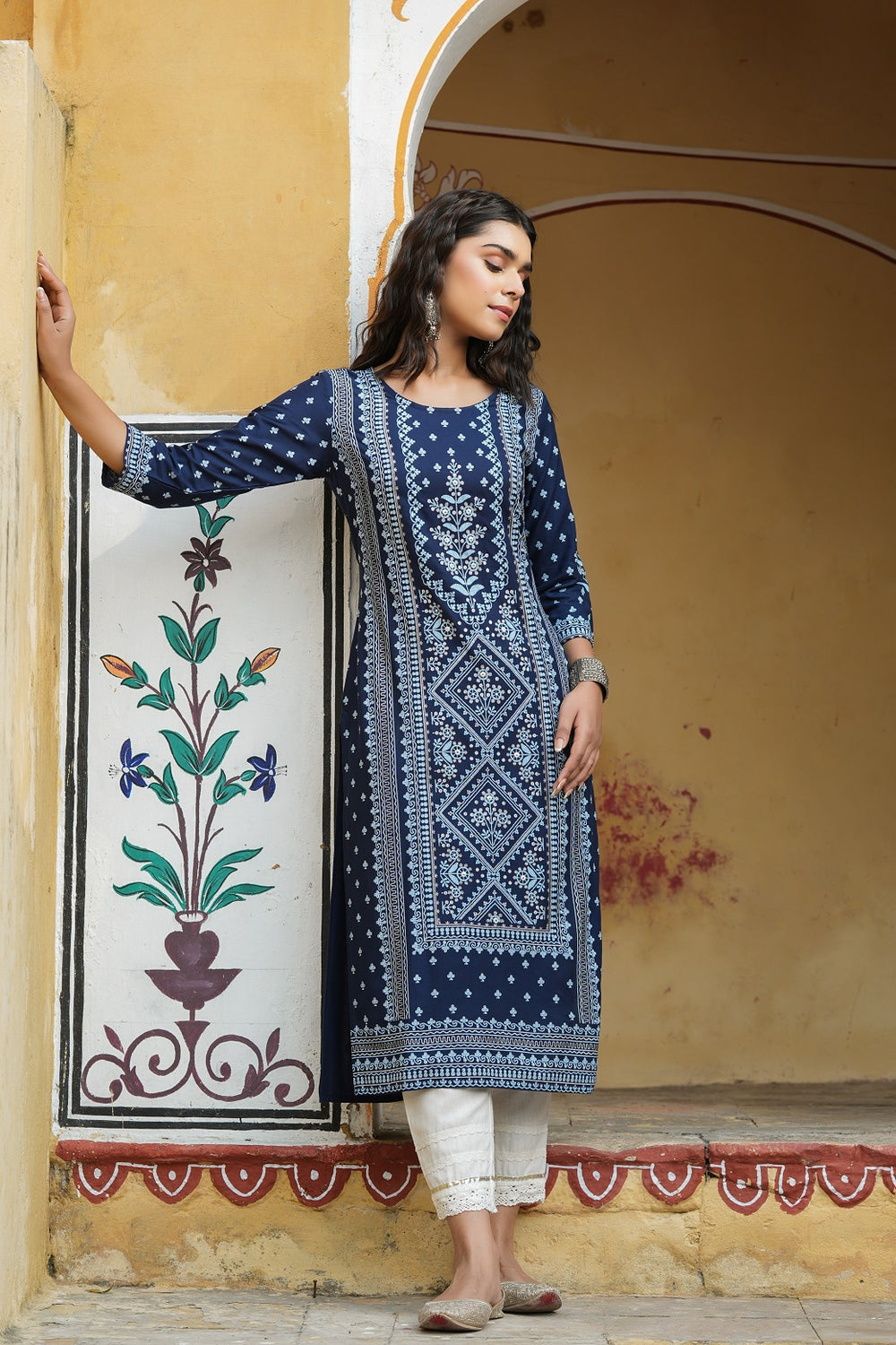 Juniper Women's Indigo Rayon Staple Straight Placement Print Kurta | Grocsy