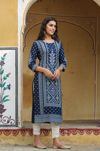 Juniper Women's Indigo Rayon Staple Straight Placement Print Kurta | Grocsy