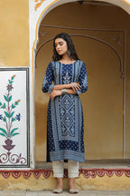 Juniper Women's Indigo Rayon Staple Straight Placement Print Kurta | Grocsy