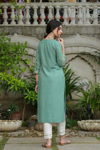 Juniper Women's Sage Green Rayon Staple Straight Placement Print Kurta | Grocsy