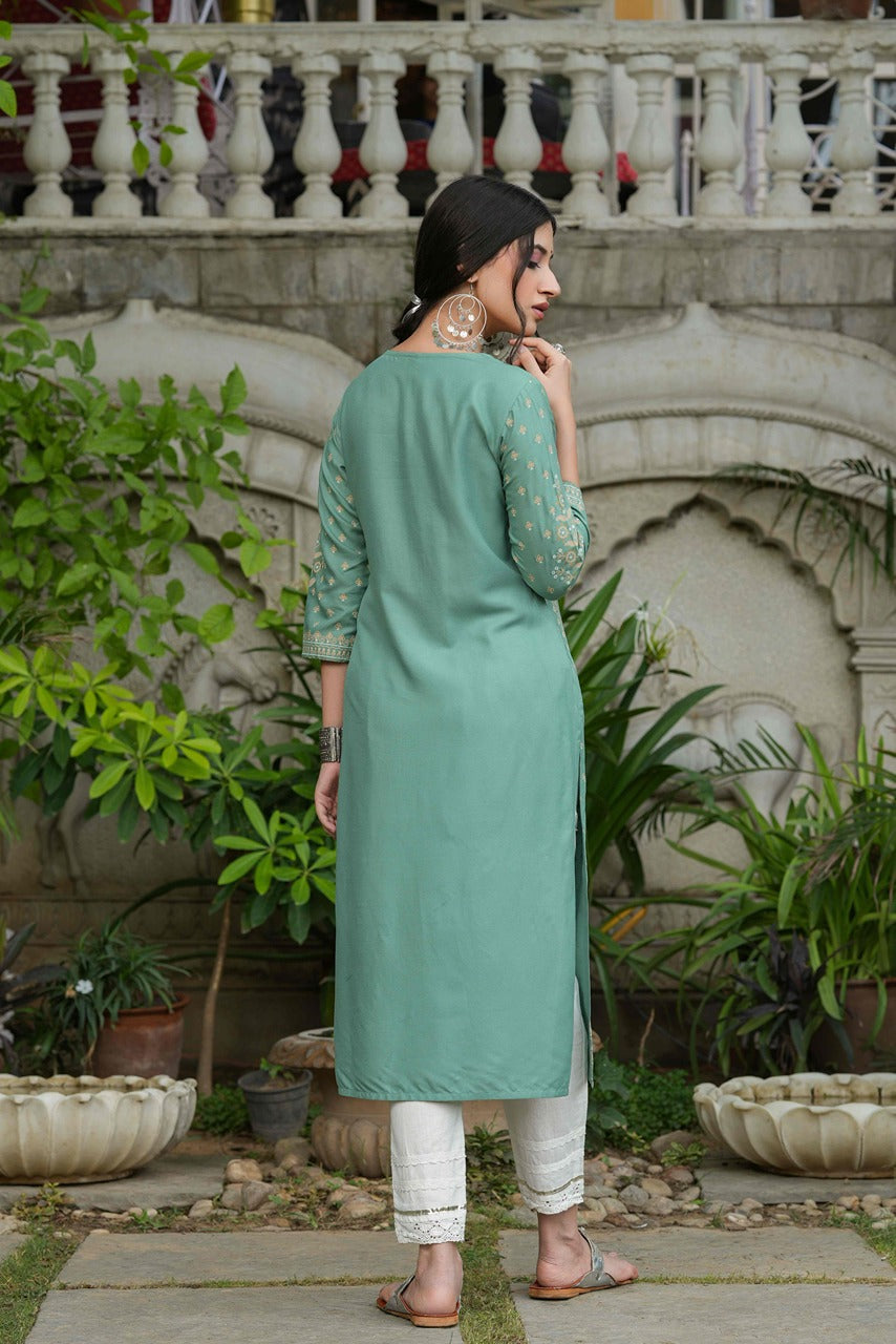 Juniper Women's Sage Green Rayon Staple Straight Placement Print Kurta | Grocsy