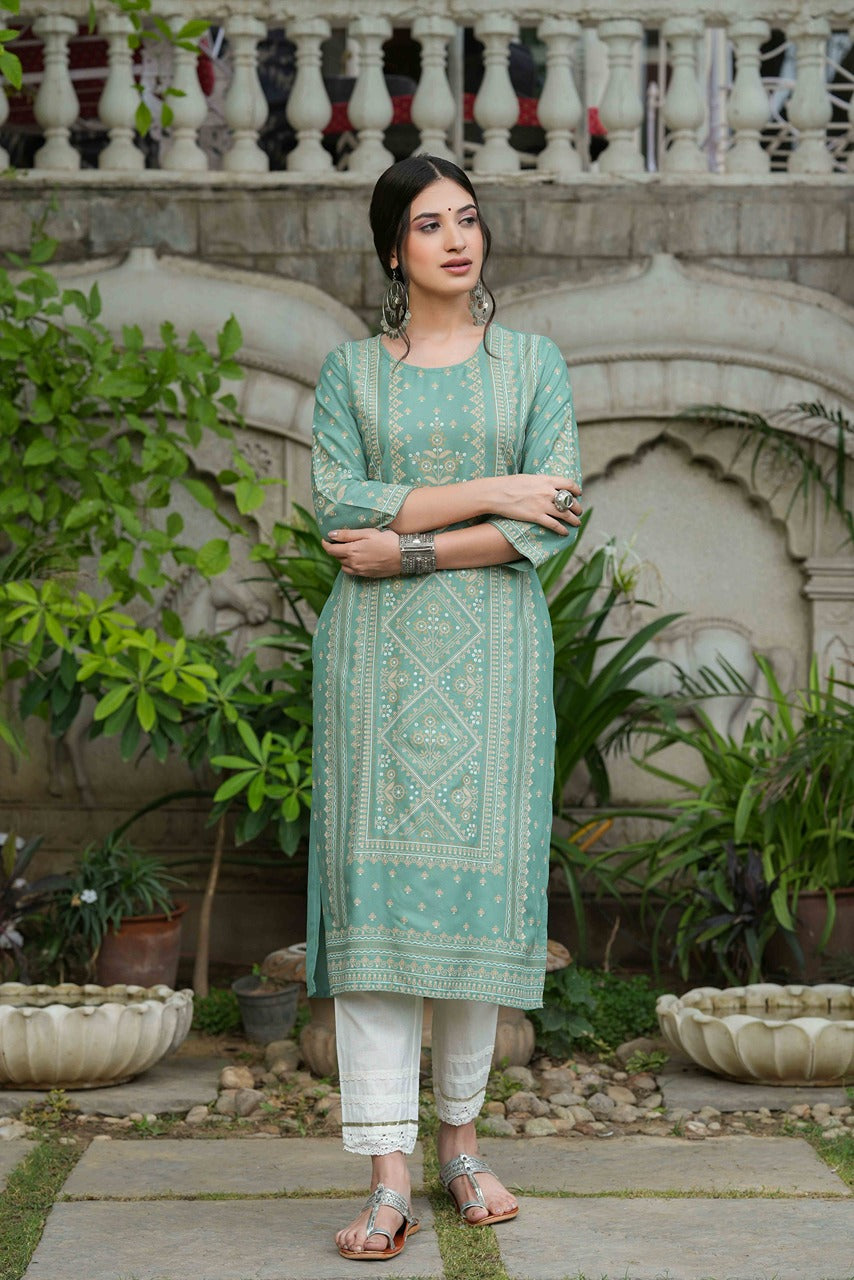 Juniper Women's Sage Green Rayon Staple Straight Placement Print Kurta | Grocsy