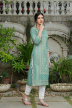 Juniper Women's Sage Green Rayon Staple Straight Placement Print Kurta | Grocsy