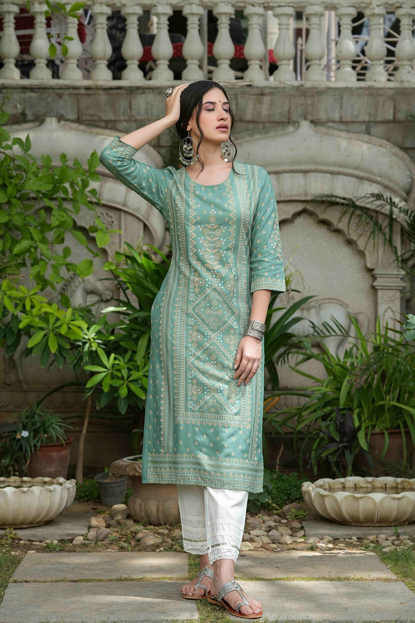 Juniper Women's Sage Green Rayon Staple Straight Placement Print Kurta | Grocsy